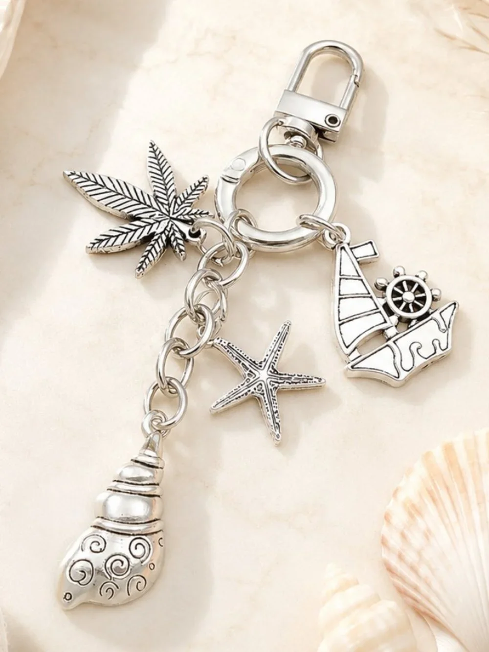 Silver Starfish Sailboat Conch Seashell Nautical Beach Keychain Bag Charm NEW